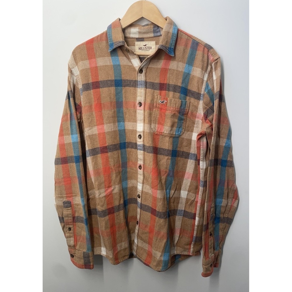 Hollister‎ Y2K Plaid Button Down Flannel Shirt Mens Size Large Orange Blue Brown